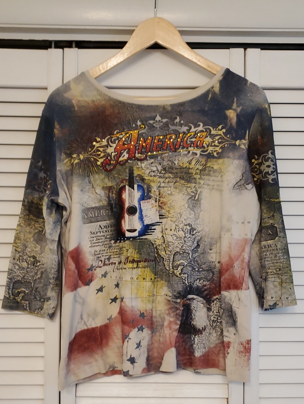 Christopher & Banks Patriotic "America" Guitar Shirt, XL